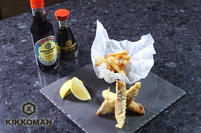 Fish and chips in the Kikoman soy marinade