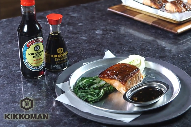 Salmon in Kikoman soy glaze and honey